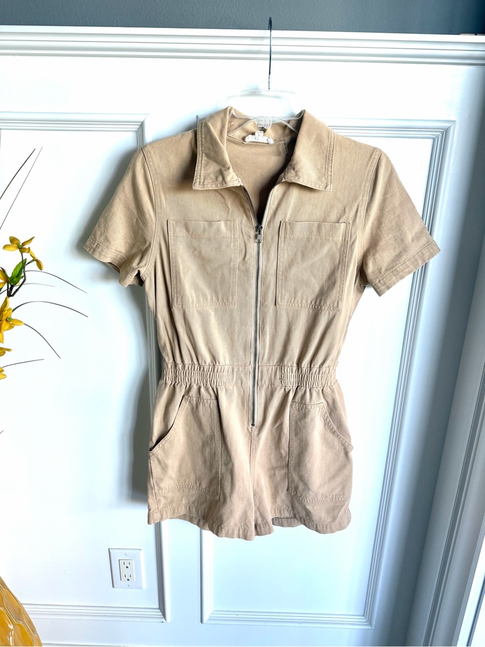 Elan Tan Short Sleeve Zip-Front Romper with Elasticized Waist and Pockets